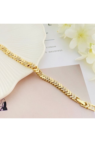Kadın Bileklik V Model Bileklik Taşlı Vip Seri 14ayar Gold 19 Cm Gold
