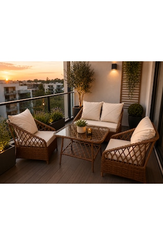 Omit Pazar Rattan Bahçe Balkon Oturma Takımı 2+1+1 Kahverengi Cam Sehpalı, Modern Balkon Ve Teras Mobilyası