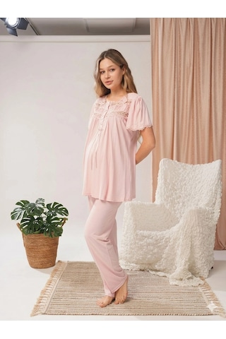 Kocabey Bone 5806 Kadın 3'lü Sabahlıklı Lohusa Pijama Takımı Pudra