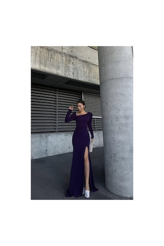 Lior Design Kadın Şık Model Kayık Yaka Taş Detaylı Uzun Kollu Abiye Elbise Mor