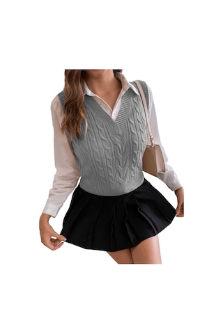 Youknitwear You Cameron %100 Pamuk V Yaka Kadın Süveter Gri