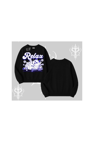 Tarzsokak Relax Kedi Baskılı Biskilet Sweatshirt Siyah