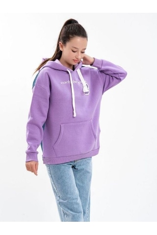 Çocuk Kapüşonlu Sırtı Kot Detaylı Sweatshirt-13454-mor Mor