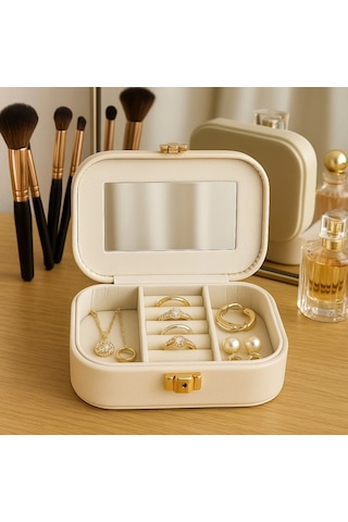 Deri Mini Seyahat Takı Bijuteri Mücevher Kutusu Organizer Düzenleyici 15cm Krem İthal Ürün