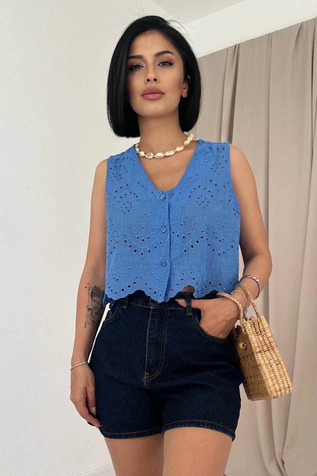 Emh Store Mavi Sıfır Kol Brode Bluz Mavi