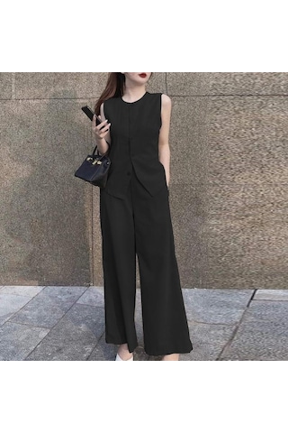 Zanzea Yaz Kıyafetleri Bayan Üstleri Ve Geniş Bacak Pantolon Rahat İki Parçalı Takım Elbise Seti Siyah
