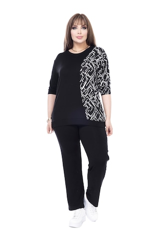 Melsay Butik Siyah Truvakar Kol Yarım Zigzag Garnili Viskon Büyük Beden Takım Siyah