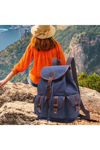 Suntek Kanvas Sırt Çantası Okul Yürüyüş Satchel Çanta Koyu Mavi