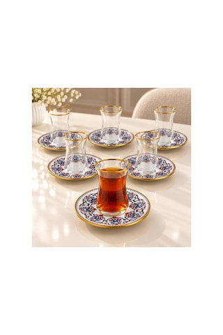 6 Kişilik 12 Parça Çay Bardağı Seti Gold Kenarlı Çeyizlik Şık Çay Takımı çok renkli