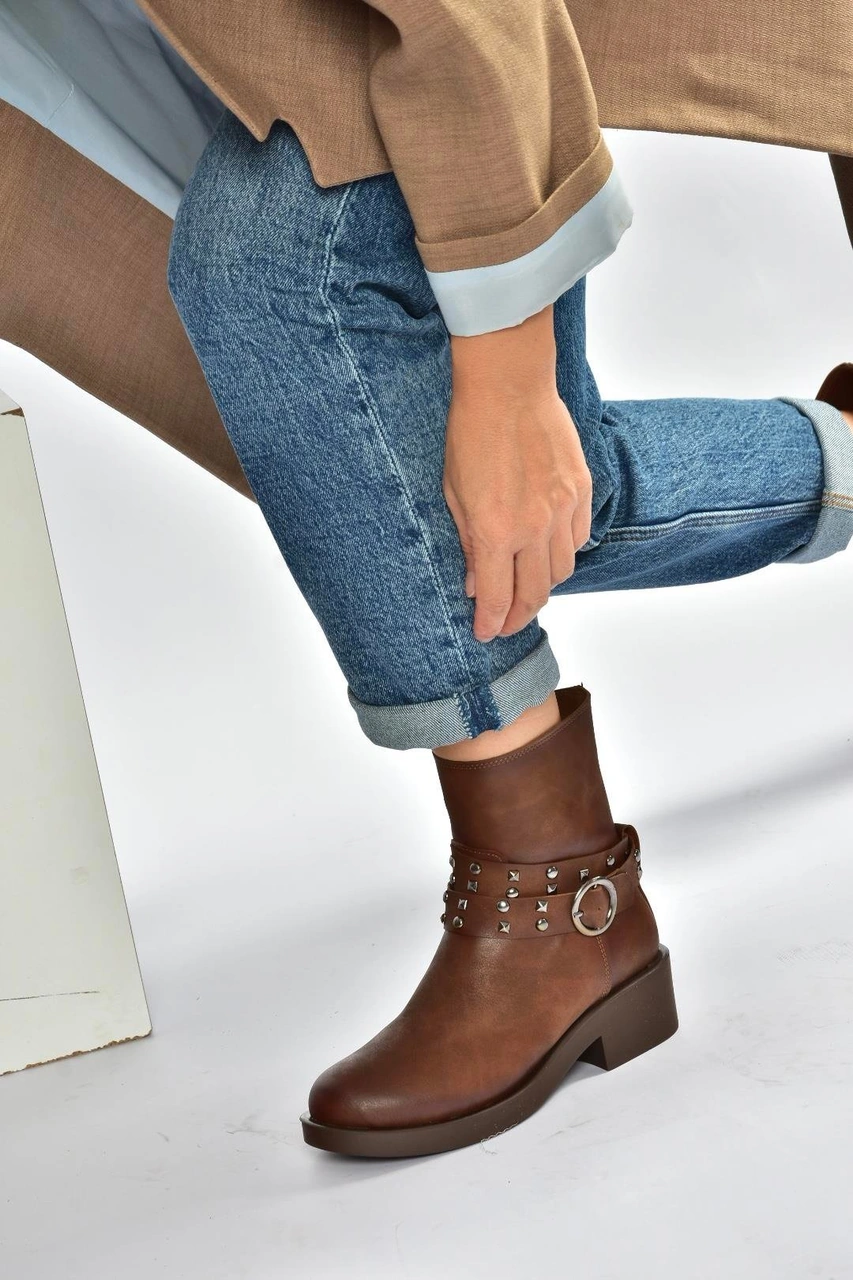 Fox Shoes V674121209 Taba Alçak Topuklu Fermuarlı Kadın Bot Taba-Suni Deri