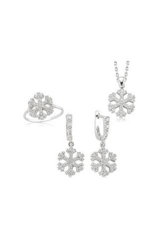 Kar Tanesi Gümüş Kolye Küpe Yüzük Taşlı Üçlü Set Tst07