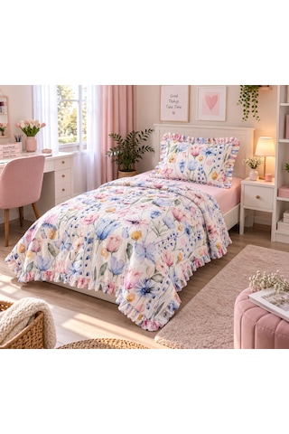 Sallhome Çiçek Bahçesi Desenli Fırfırlı Tek Kişilik Pike Takımı Açık Pembe