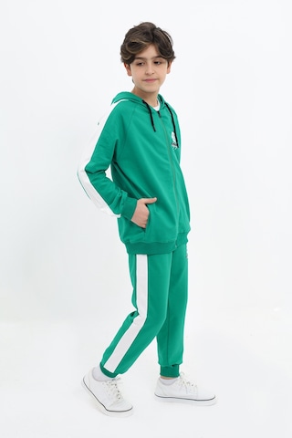 Toontoy Kids Toontoy Erkek Çocuk 2'li Takım Baskılı Kapüşonlu Fermuarlı Cepli Reglan Kol Sweatshirt & Beli Paçası Lastikli Cepli Jogger Eşofman Altı - Bant Detaylı & 2 İplik Yeşil