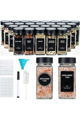 Trendooze Kahverengi 12li Cam Baharat Şişesi Seti 4oz Kapaklı Fırınlı Funnel Ve Kalem Kahverengi Siyah