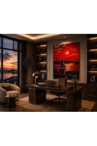 İstanbul Esintili Kızıl Gün Batımı Şehir Silüeti Kanvas Tablo Premium Dokulu Modern Duvar Dekoru Salon, Ofis, Çalışma Odası Ve Lüks Yaşam Alanları İçin Dekoratif Tablo