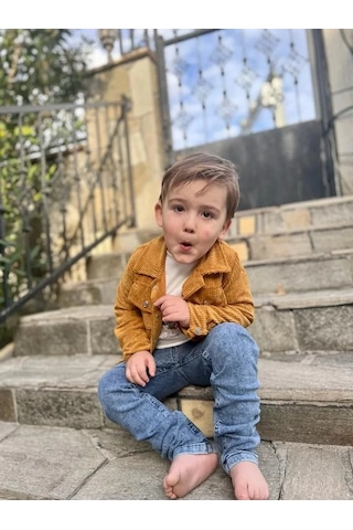 Pekminibebe 3-4-5 Yaş Fitilli Kadife Ceket Kot Pantolonlu 3lü Kız Erkek Çocuk Takımı Gül Kurusu Gülkurusu