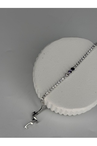 Mor Ve Siyah Taş Detaylı Gümüş Renk Çelik Bileklik Zarif Kadın Takı Gümüş