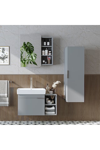 Likya Kapaklı Açık Raflı Mdflam Lavabolu 82 Cm Banyo Alt Dolabı +banyo Üst Dolabı + Banyo Boy Dolabı Külgri Kül Gri