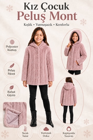 Ahengim Kız Çocuk Kışlık Kapüşonlu Düğmeli Astarlı Dikey Çizgili Peluş Mont Ak4510 Pembe