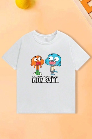 Uyguntarz Çocuk Gumball Baskılı Pamuklu Tshirt Beyaz
