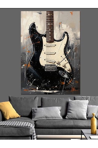 Duvara Yaslı Elektro Gitar Dekoratif Kanvas - Mdf Ahşap Tablo