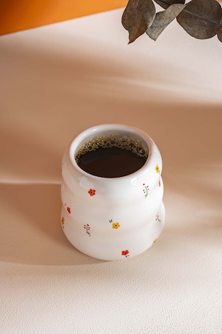 Rivaistanbul Minimal Çiçekler Amore El Yapımı Seramik Double Kahve Bardağı Mug Kupa Krem