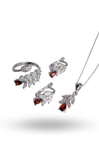 925 Ayar Gümüş Garnet Kırmızı Yaprak Tasarım Kolye Küpe Yüzük Kadın Set Gümüş