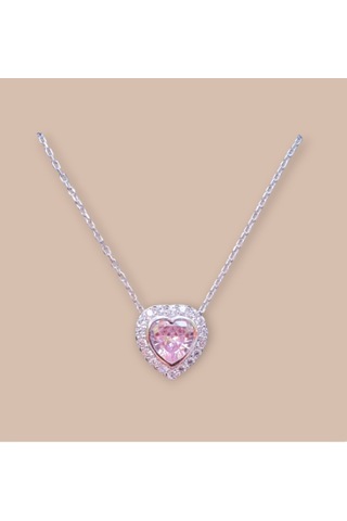 Gümüş Rodyumlu Pırlanta Modeli Pembe Zirkon Taşlı Kalp Kolye