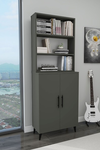 Zuesse Dizayn 2 Kapaklı 6 Raflı Kitaplık Salon Ofis Ders Çalışma Çocuk Odası Çok Amaçlı Dolap - Antrasit