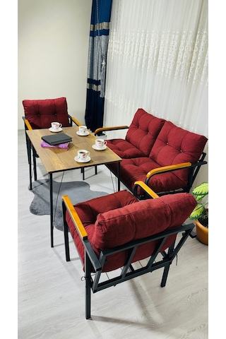 Madame Home Kadife Balkon, Bahçe,teras,cafe - Salon - Metal Kanepe Koltuk Takımı - 2+1+1 + Masa Bordo