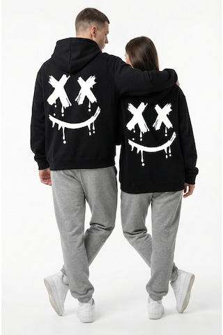Nevermind Unisex Smile Baskılı Sevgili Kombini Oversize Hoodie Seti Siyah