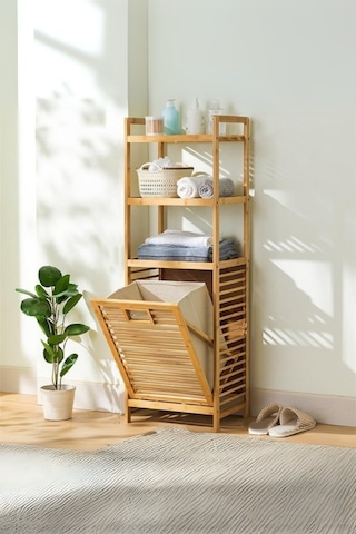 Büro Ev Ofis Dekoru İçin 40x30x130cm 3 Raflı Kumaş Hazneli Ahşap Kirli Çamaşır Sepeti Diğer