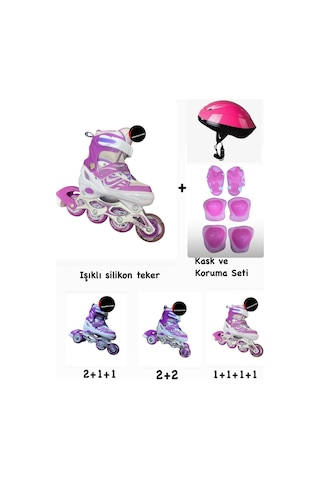 Işıklı Çocuk Pateni Ayarlanılabilir Silikon Tekerli Frenli Metal Gövdeli Paten Ve Kask Dizlik Set Mor