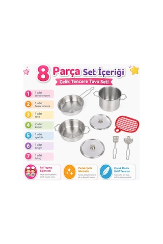 8 Parça Çelik Tencere Tava Seti, Çocuklar İçin Metal Mutfak Ve Evcilik Oyun Seti Atf-1818-3 Diğer