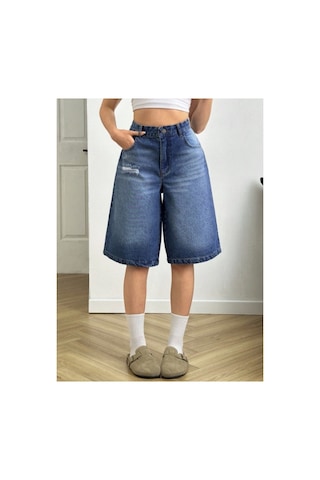 Kene Jeans Lazer Ön Yırtıklı Mavi İşlemli Kot Şort Mavi İşlemli