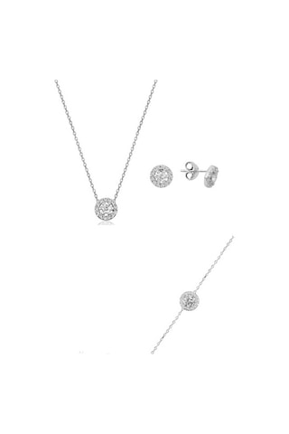 Gümüş Rodyumlu Pırlanta Montürlü Kolye Bileklik Ve Küpe Gümüş Üçl