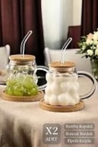 2li Bambu Kapaklı Boncuk Üzüm Tanesi Bardak 350ml Isıya Dayanıklı Cam Pipetli Kahve Sunum Bardağı Çok Renkli