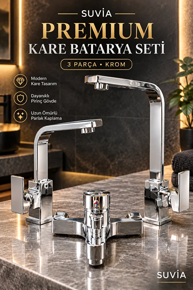 Kare Batarya Seti 3 Parça Krom Mutfak Lavabo Banyo Bataryası Kare Tasarım Pirinç Gövde