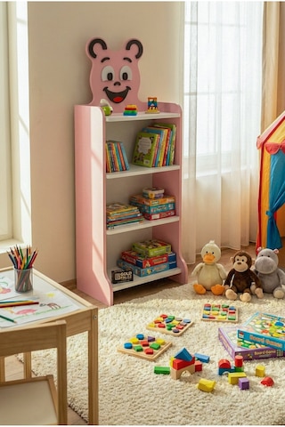 Reyo Falez Çocuk Kitaplık Happy Face 4 Raflı Sevimli Figürlü Düzenleyici Raf Sistemi - 8025 Pembe