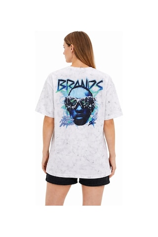 Tarzyeri Kadın Asit Yıkamalı Oversize Tişört Bisiklet Yaka Kısa Kol T-shirt - Beyaz Çok Renkli