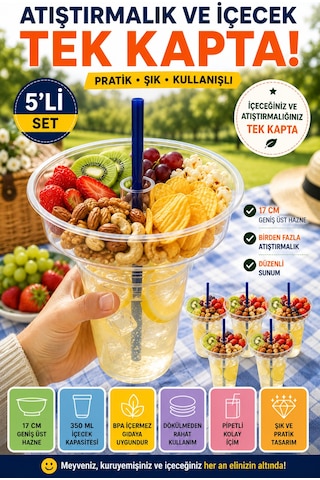 5'li Set Atıştırmalık Hazneli Bardak 350 Ml Pipetli Pet Piknik Sinema Parti İçecek Bardağı Seti 17 Cm Şeffaf