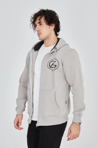 Barlashive Erkek 3 İplik Pamuklu Fermuarlı Kapüşonlu Kanguru Cepli Baskılı Hoodie Hırka Sweatshirt - Boyalı Gri Çok Renkli