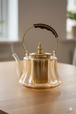 Ahşap Saplı Isıya Dayanıklı Borosilikat Amber Cam Demlik 1200 Ml Süzgeçli Cam Demlik