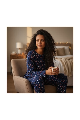 Feg Store %100 Pamuk Uzun Kollu Şeker Bastonlu Yılbaşı Temalı Lacivert Kışlık Paçası Lastikli Pijama Takımı