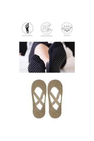 2 Adet Kadın Kaydırmaz Tabanlı Yoga Pilates Fitness Dans Ve Spor Çorabı Bej