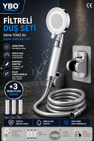 Ymv Filtreli Duş Başlığı 3 Yedek Filtreli Yüksek Basınç Destekli Banyo Duş Başlığı Beyaz