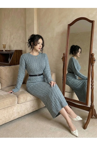 Sayzen Your Shine Saç Örgülü Bisiklet Yaka Elbise Sy-2517 Nargo Gri