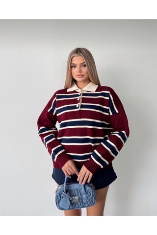 Kadın Çizgili Polo Yaka Oversize Triko Kazak Bordo