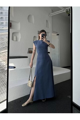 Keten Yandan Yırtmaçlı Uzun Elbise Sıfır Kol Elbise - Mavi Mavi