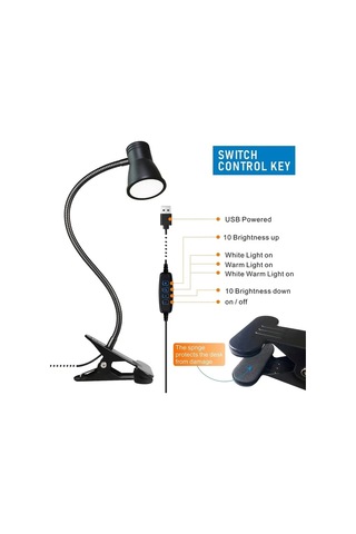 Boatshop1 Siyah 1 Adet Hotu 360 Ayarlanabilir Klipsli Masa Lambası Usb Çalışan 3 Renk Sıcaklık Ayarı Esnek Boyun Okuma Çalışma El Sanatları Için Siyah